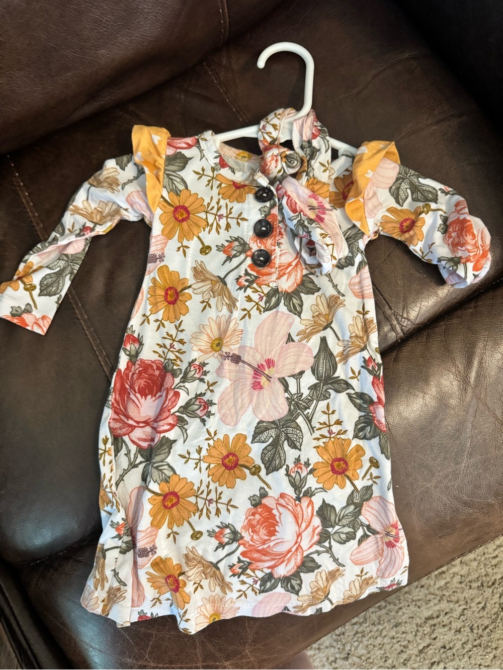 Girls Floral Dress in Mustard & Pink with Bow